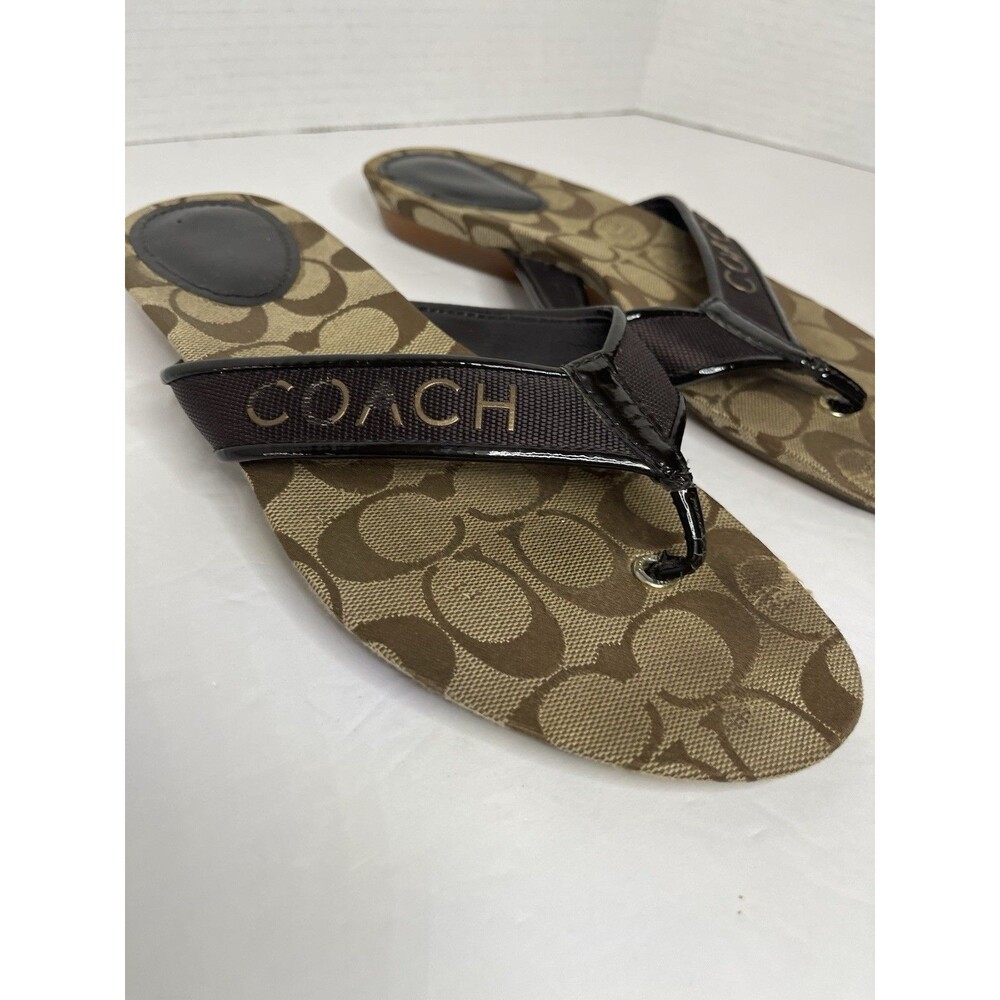 COACH Skyler Chestnut Khaki Jacquard Web Thong Sandals Shoes Womens 8